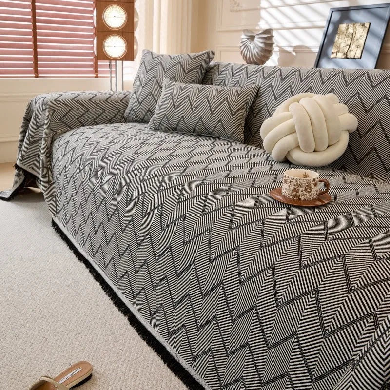 All-Season Universal Full Coverage Non-Slip Couch Imitation Llinen Solid Couch Camping Blanket Vintage Wave Pattern Sofa Cover